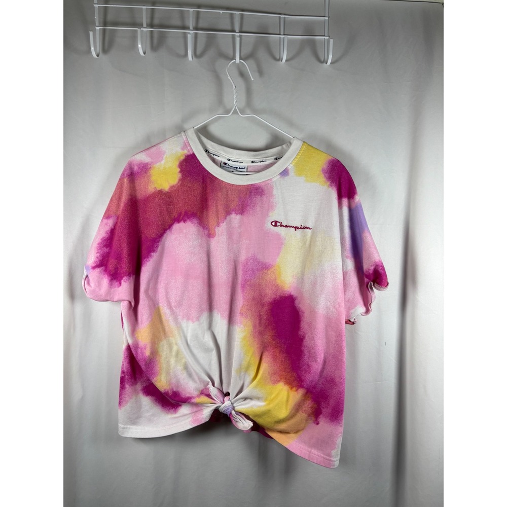 Champion Womens XL Tie Dye Knot Front Cropped T-Shirt Pink Yellow Watercolor Tee